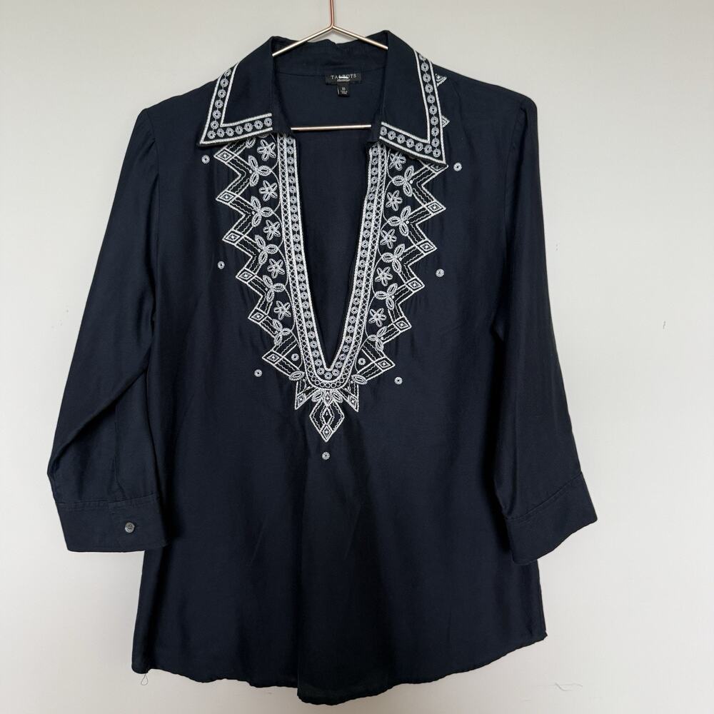 Talbots Womens Silk Top 10 Navy 3/4 Sleeve Embroidered Coastal Deep V Neck Beach